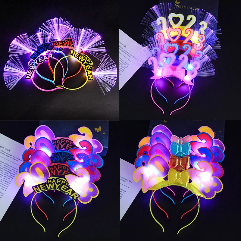 2023 New Year&prime;s Headwear with Lamp Cap Hoop Accessories Wholesale LED Fiber Optic Party Supplies Light up Flashing Headwear